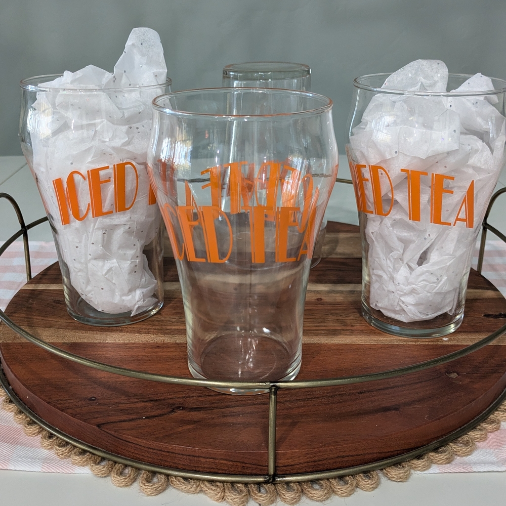 Vintage 1970s XL Iced Tea Glasses Set – Retro Orange Lettering Barware (34 oz)